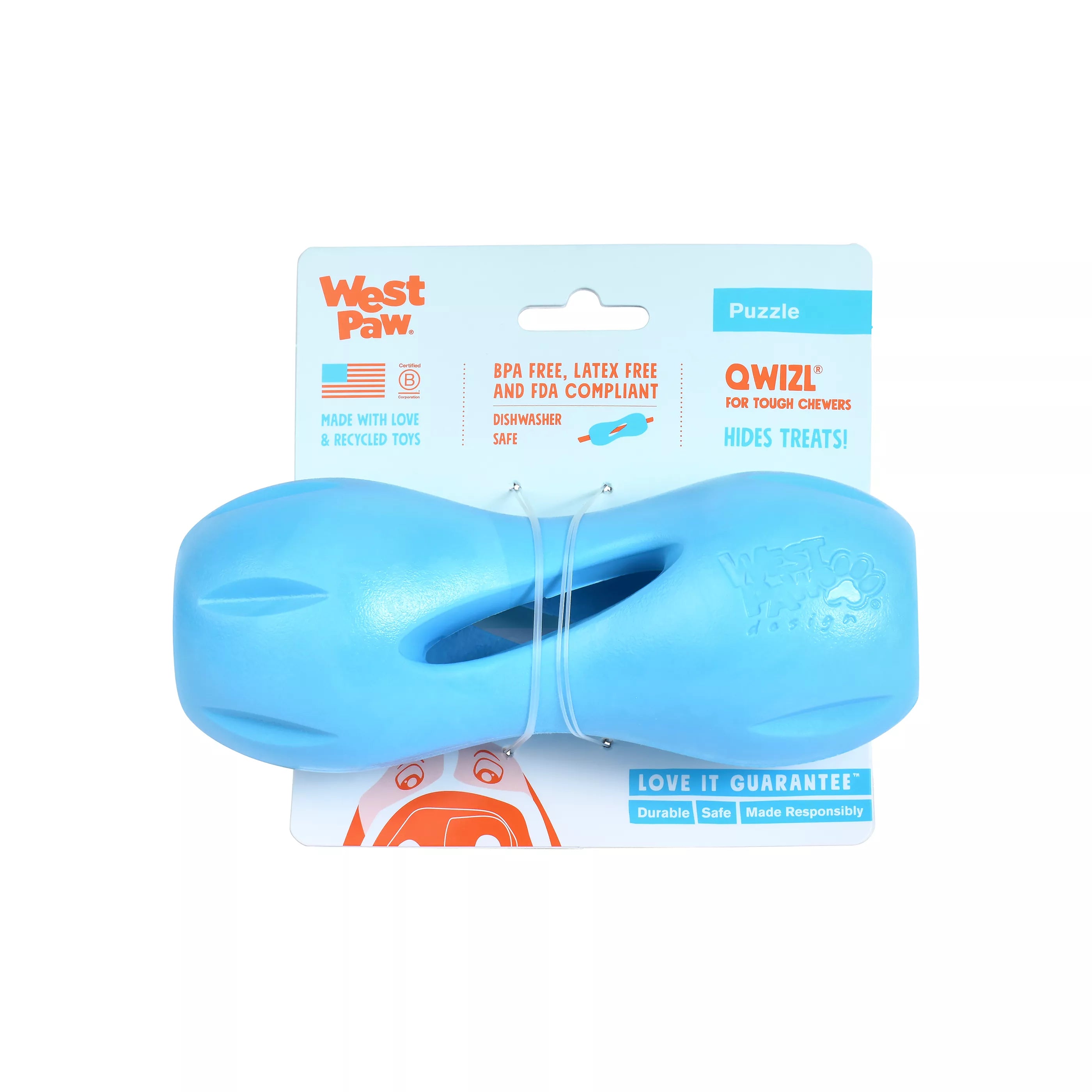 West Paw Qwizl Tough Treat Dispensing Dog Chew Toy, Aqua Blue
